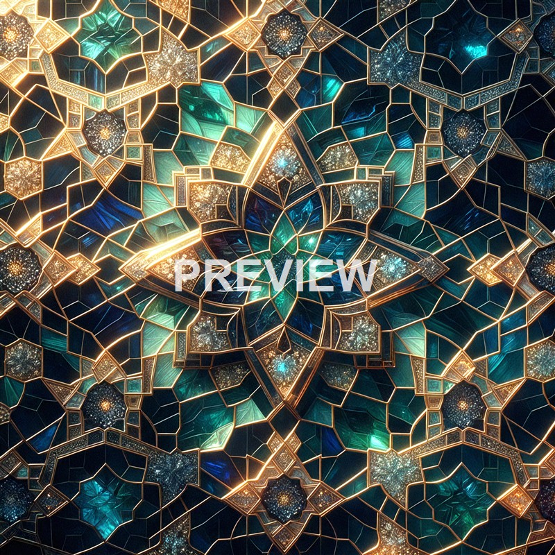 An intricate, symmetrical mosaic pattern featuring vibrant shades of green, blue, and gold, with glowing accents and geometric shapes that resemble stained glass art.